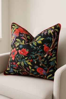 Handmade Cotton Cushion - Black Bird Boho Pillow Cover
