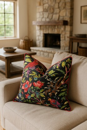 Handmade Cotton Cushion - Black Bird Boho Pillow Cover