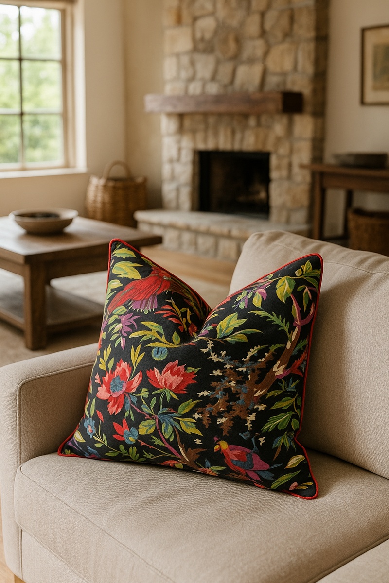 Handmade Cotton Cushion - Black Bird Boho Pillow Cover