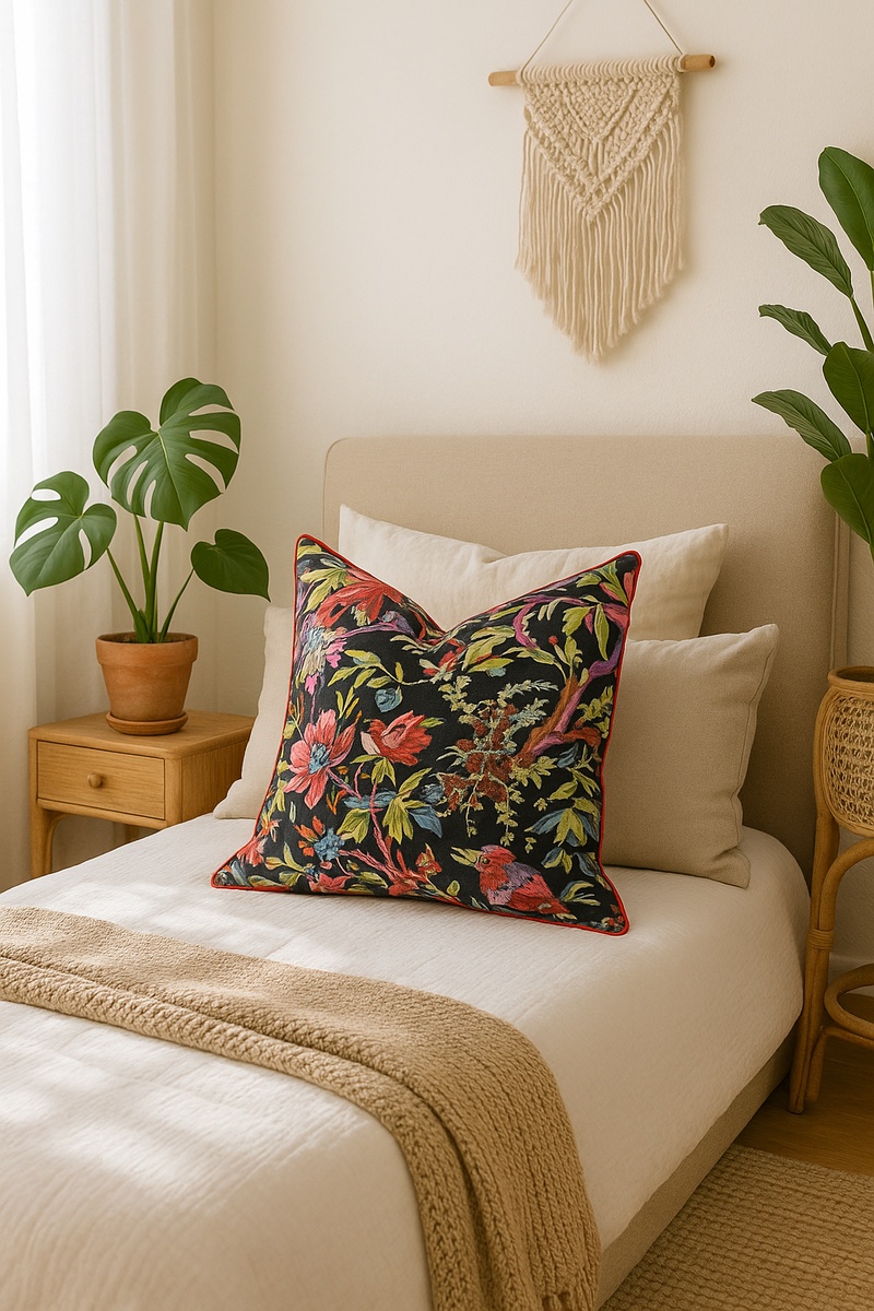 Handmade Cotton Cushion - Black Bird Boho Pillow Cover