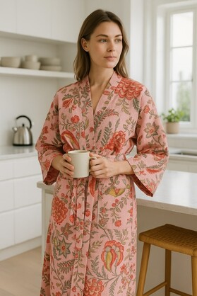Pink Waffle Cotton Kimono Robe - Hand Block Printed Floral