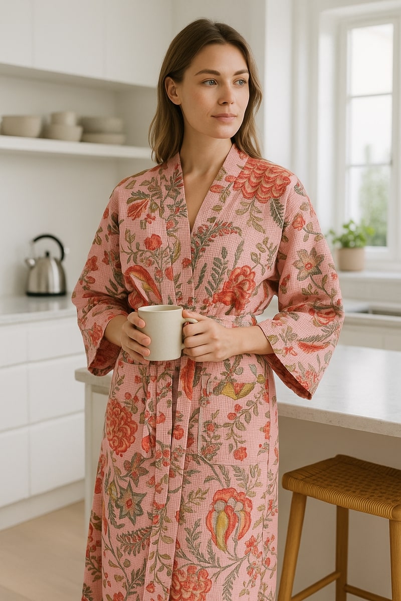 Pink Waffle Cotton Kimono Robe - Hand Block Printed Floral