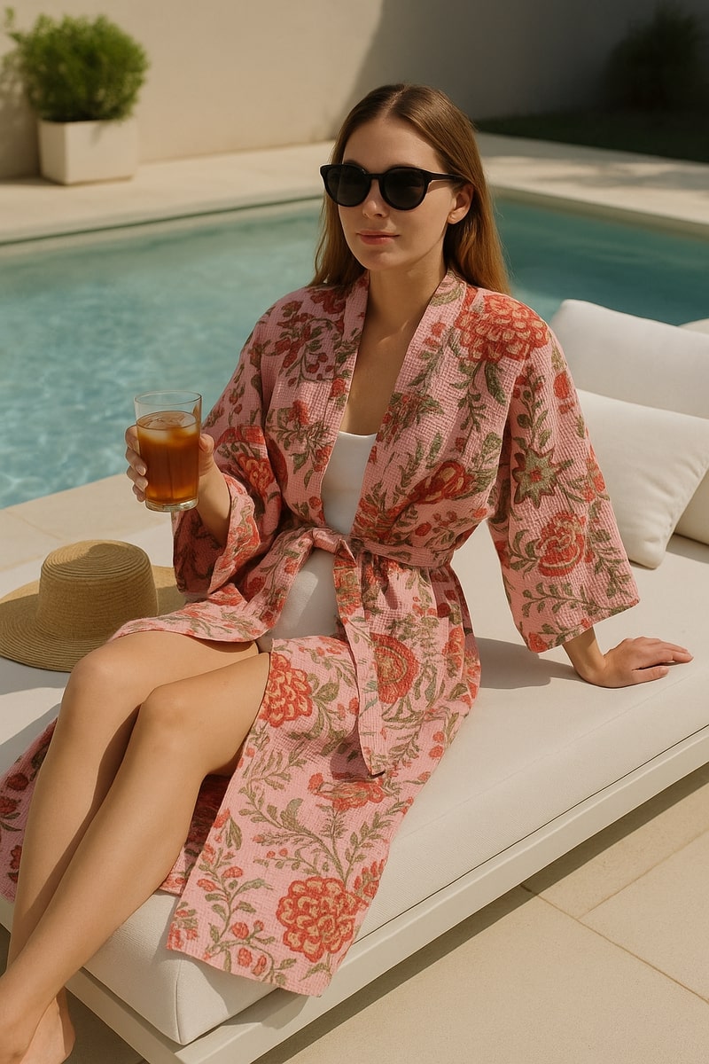 Pink Waffle Cotton Kimono Robe - Hand Block Printed Floral