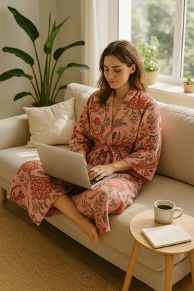 Pink Waffle Cotton Kimono Robe - Hand Block Printed Floral