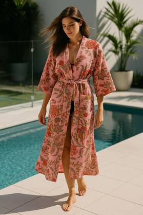 Pink Waffle Cotton Kimono Robe - Hand Block Printed Floral