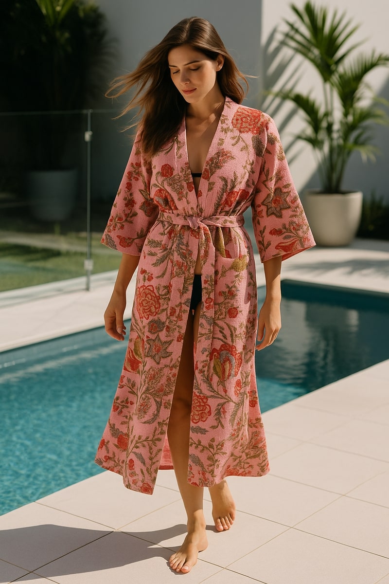 Pink Waffle Cotton Kimono Robe - Hand Block Printed Floral