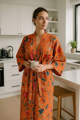 Terracotta Waffle Cotton Kimono Robe - Hand Block Print Floral