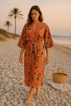 Terracotta Waffle Cotton Kimono Robe - Hand Block Print Floral