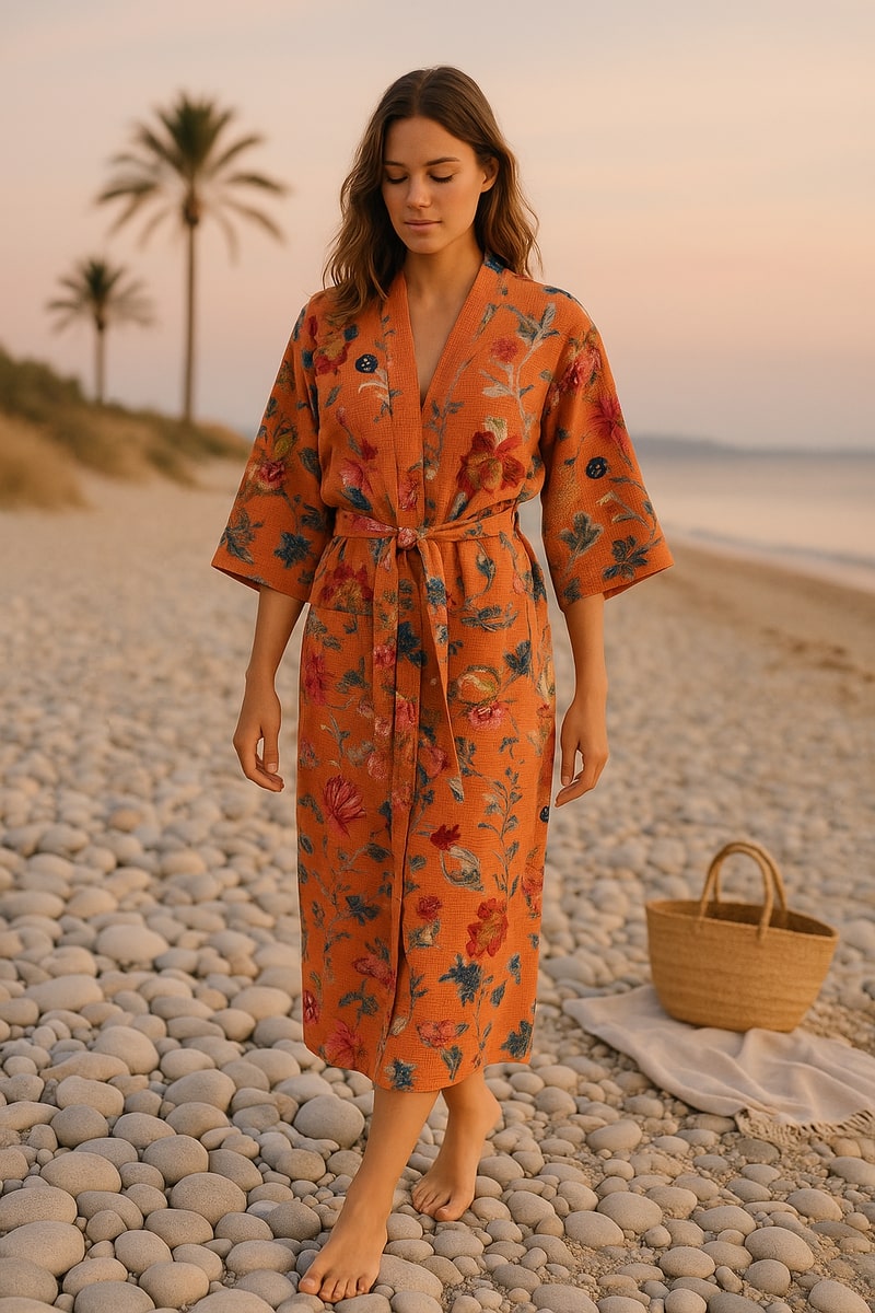 Terracotta Waffle Cotton Kimono Robe - Hand Block Print Floral