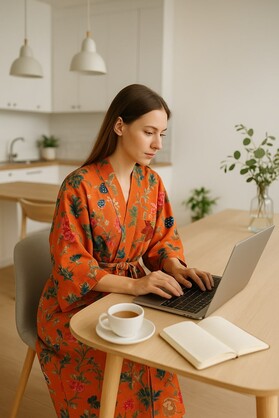 Terracotta Waffle Cotton Kimono Robe - Hand Block Print Floral