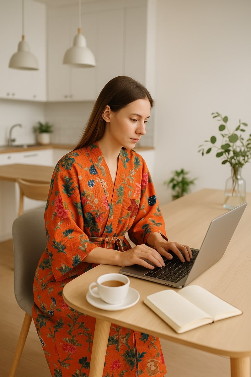 Terracotta Waffle Cotton Kimono Robe - Hand Block Print Floral