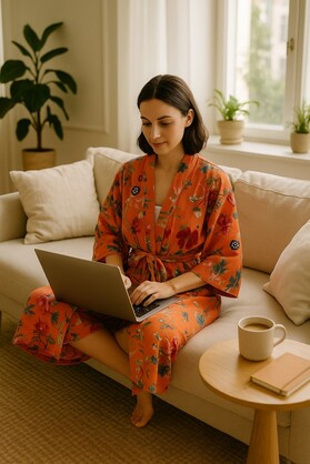 Terracotta Waffle Cotton Kimono Robe - Hand Block Print Floral