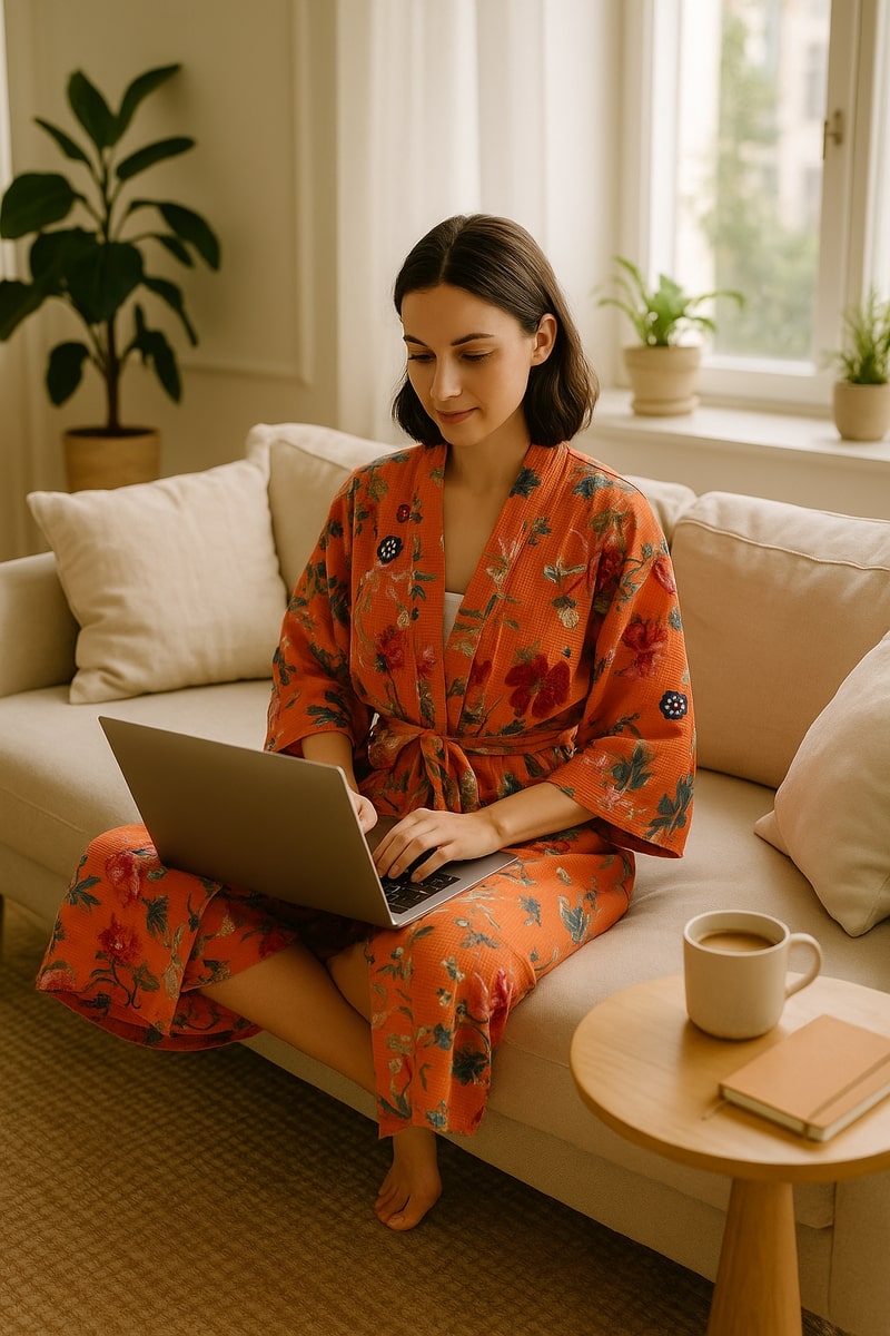 Terracotta Waffle Cotton Kimono Robe - Hand Block Print Floral