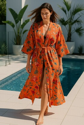 Terracotta Waffle Cotton Kimono Robe - Hand Block Print Floral