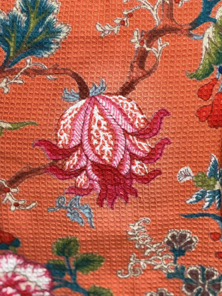 Terracotta Waffle Cotton Kimono Robe - Hand Block Print Floral
