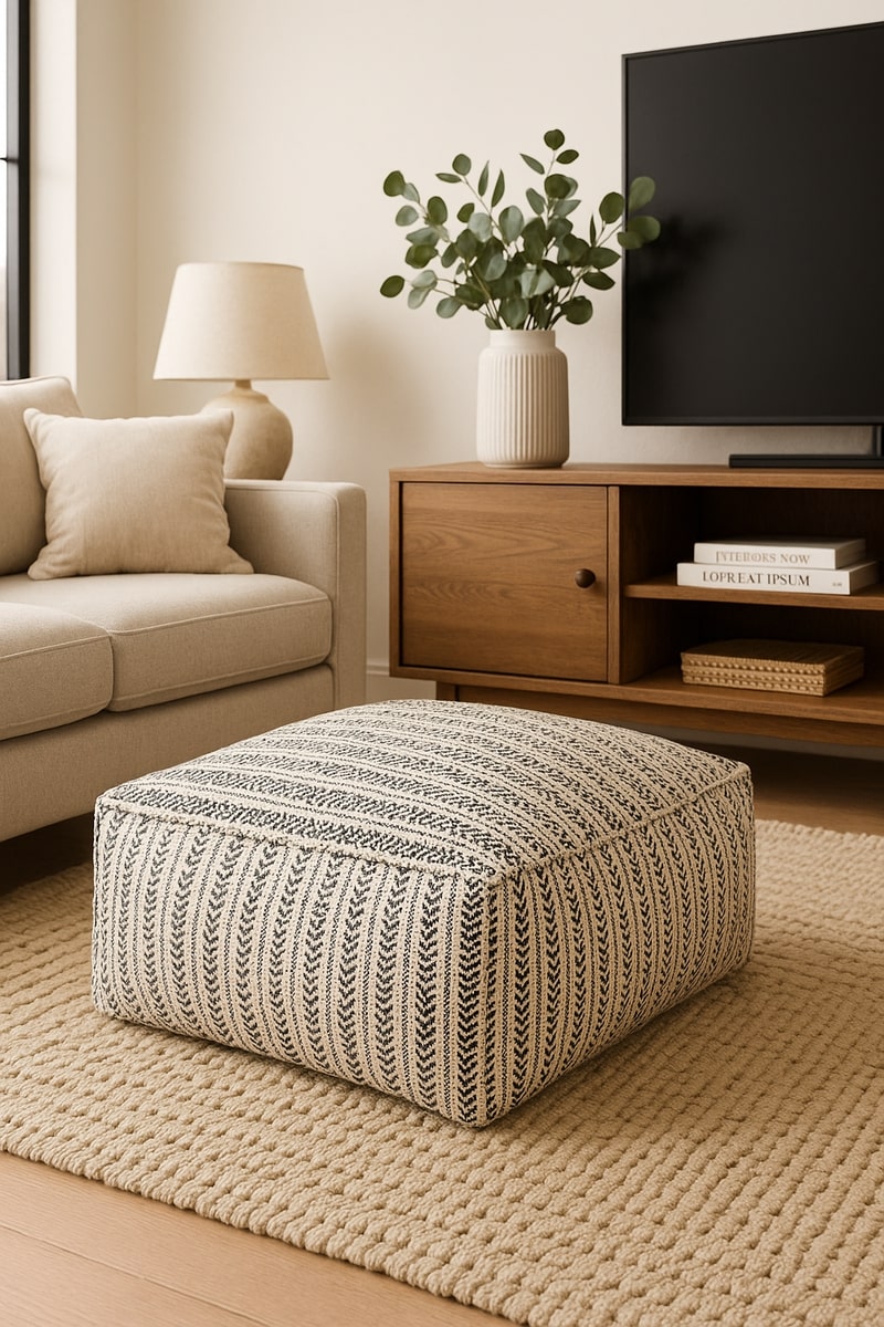 Modern Handwoven Cotton Ottoman | Boho Style Pouf Footstool