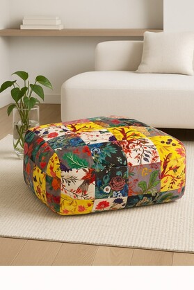 Floral Velvet Patchwork Ottoman | Square Boho Pouf Footstool