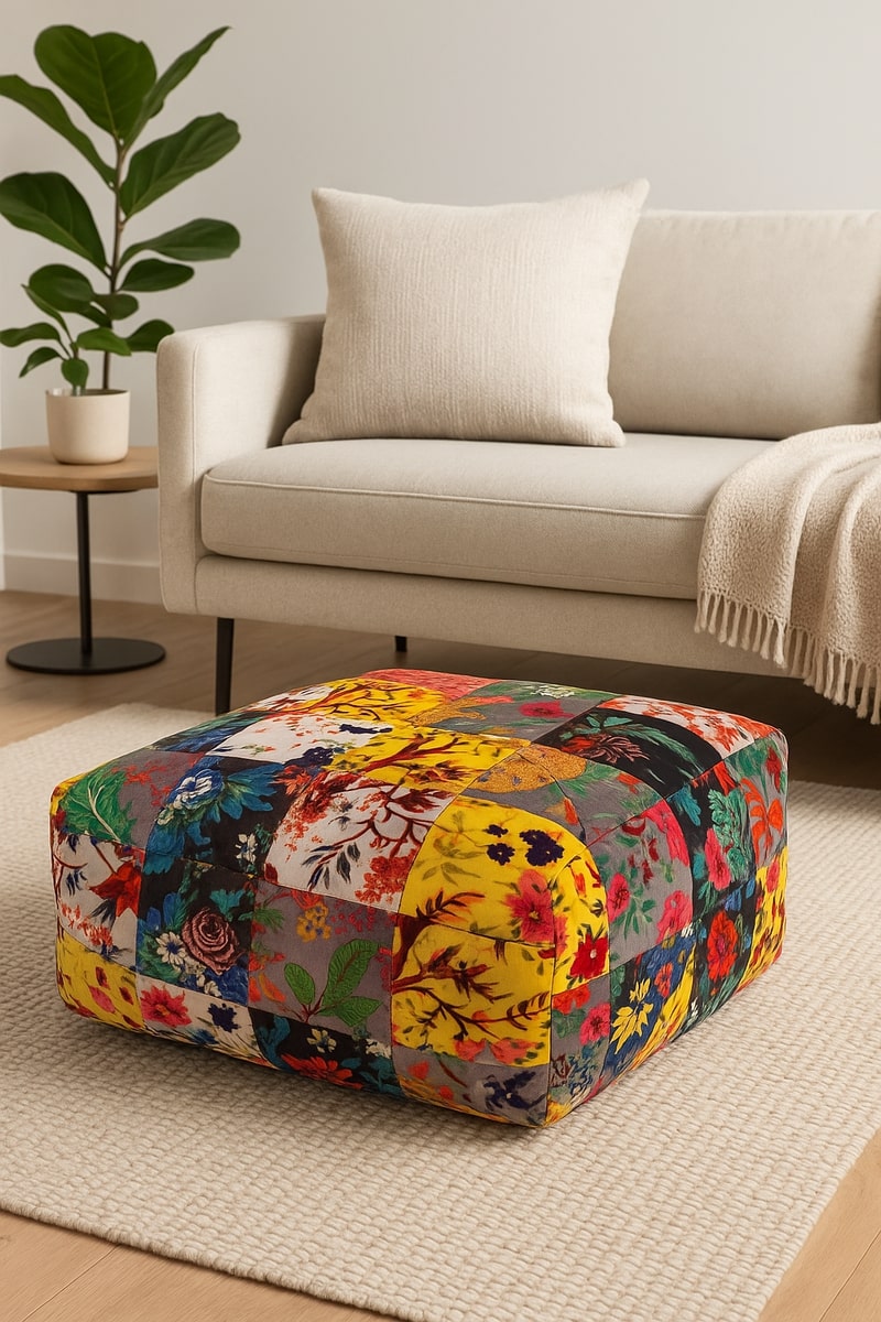 Floral Velvet Patchwork Ottoman | Square Boho Pouf Footstool