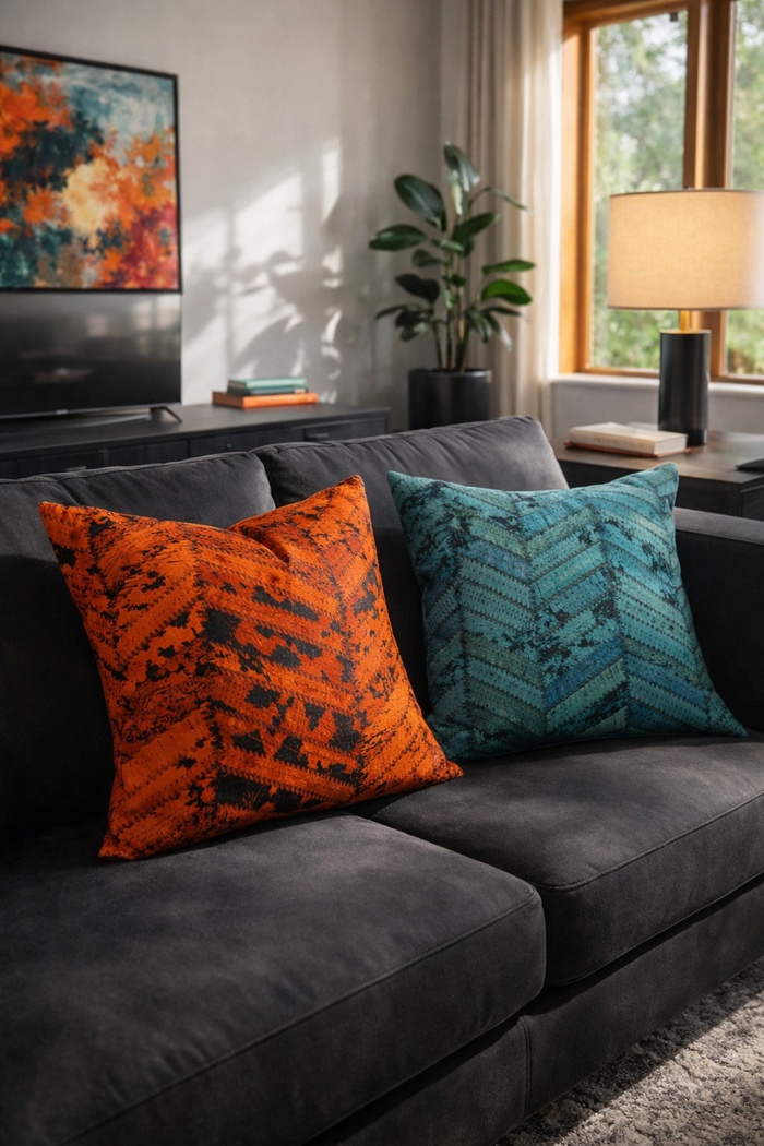 Set of 2 Cowhide Cushion Covers - Teal & Rust Orange Chevron