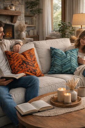 Set of 2 Cowhide Cushion Covers - Teal & Rust Orange Chevron