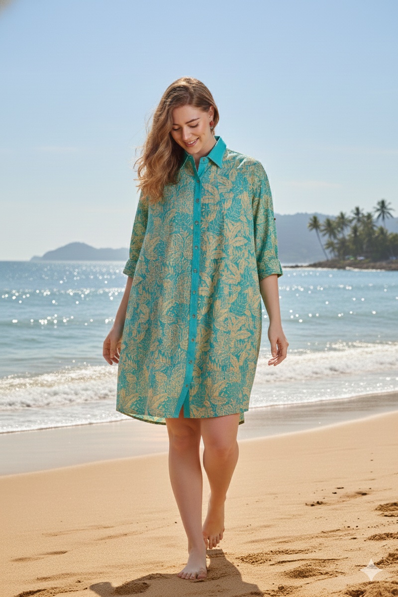Aqua Bloom Breeze Hand Block Printed Cotton Shirt Dress