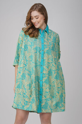 Aqua Bloom Breeze Hand Block Printed Cotton Shirt Dress