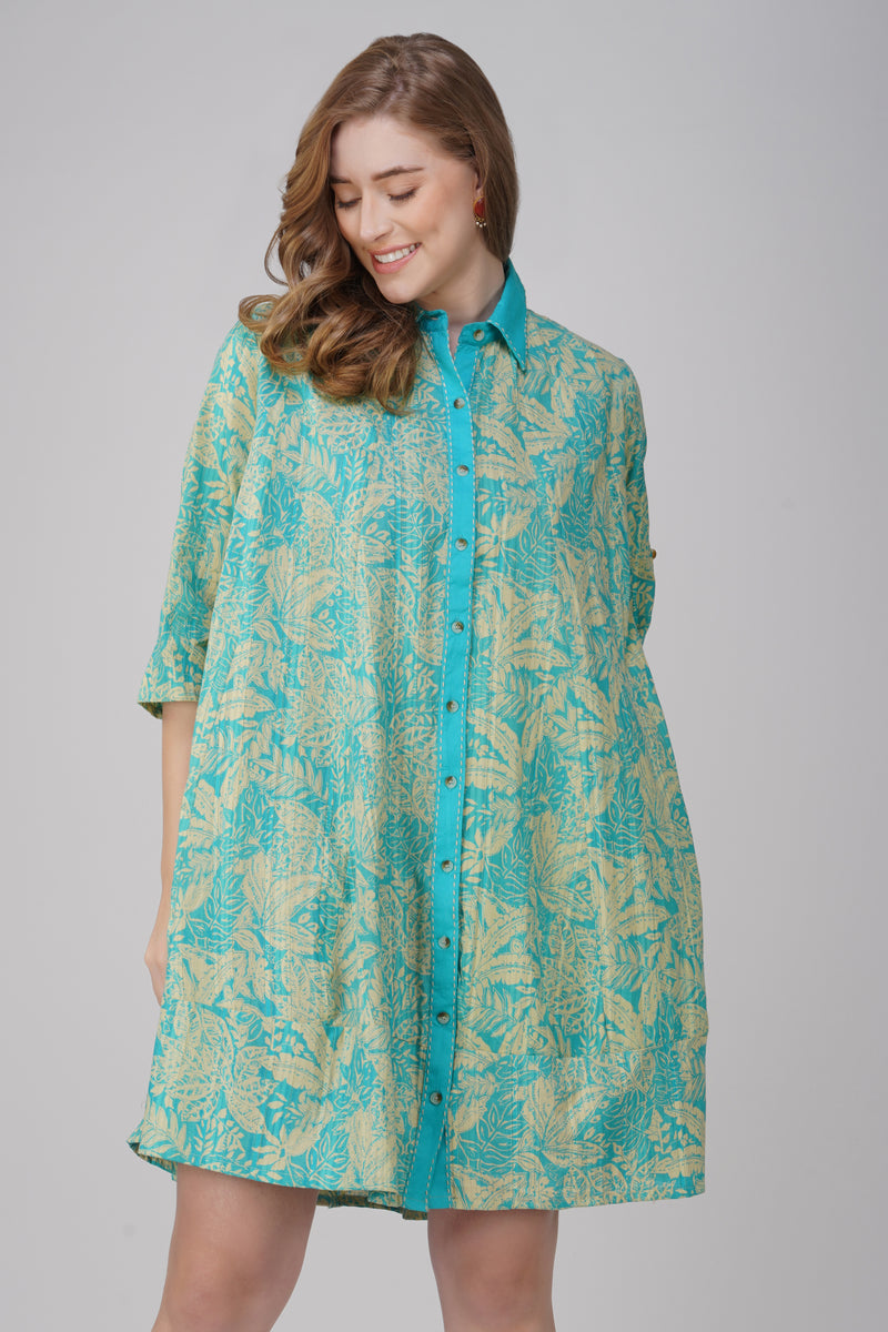 Aqua Bloom Breeze Hand Block Printed Cotton Shirt Dress