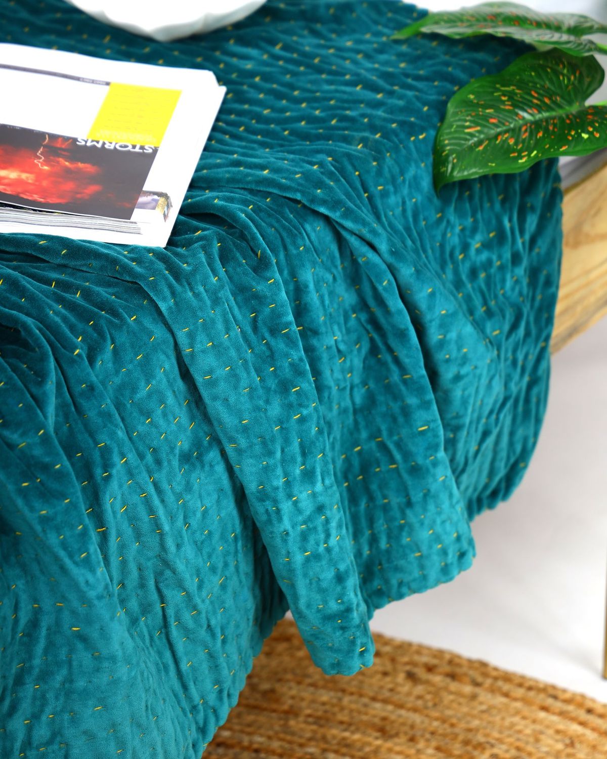 Velvet Indian Kantha Quilt Boho Cotton Throw Handmade Bohemian Bedspread Blue