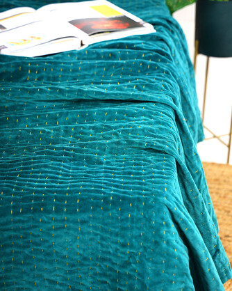 Velvet Indian Kantha Quilt Boho Cotton Throw Handmade Bohemian Bedspread Blue