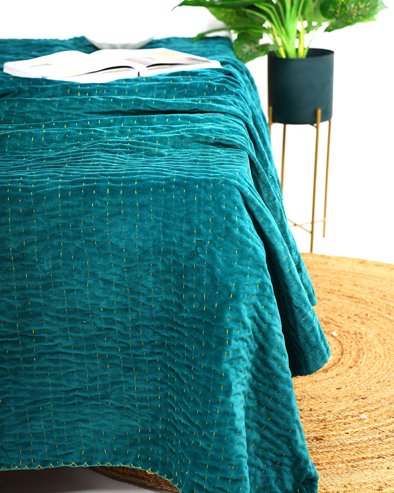 Velvet Indian Kantha Quilt Boho Cotton Throw Handmade Bohemian Bedspread Blue