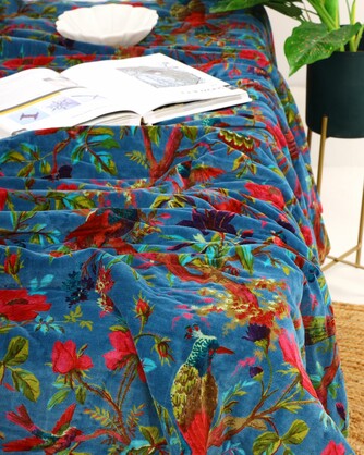 Velvet Frida Kantha Quilt Cotton Patchwork Handamade Floral Comforter Bedspread Blanket Indian Blue