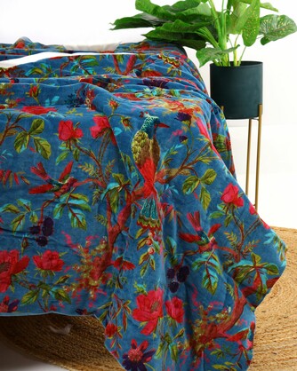 Velvet Frida Kantha Quilt Cotton Patchwork Handamade Floral Comforter Bedspread Blanket Indian Blue
