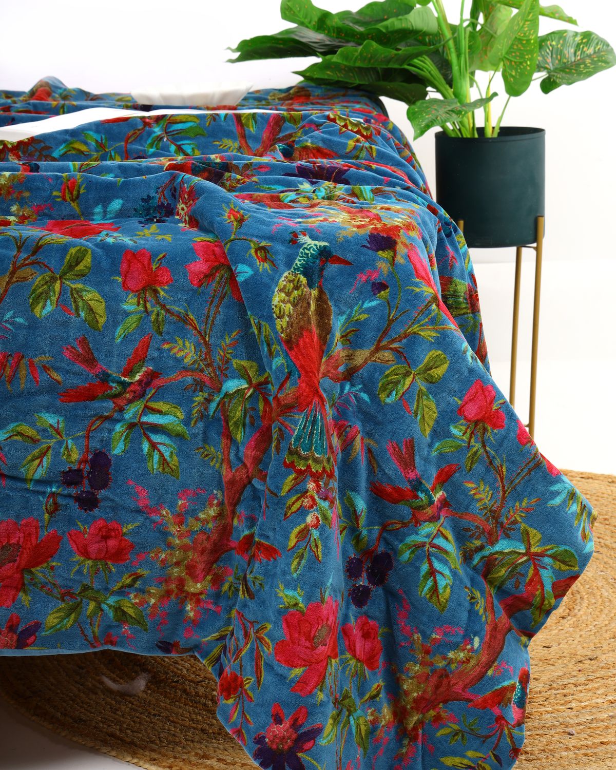 Velvet Frida Kantha Quilt Cotton Patchwork Handamade Floral Comforter Bedspread Blanket Indian Blue