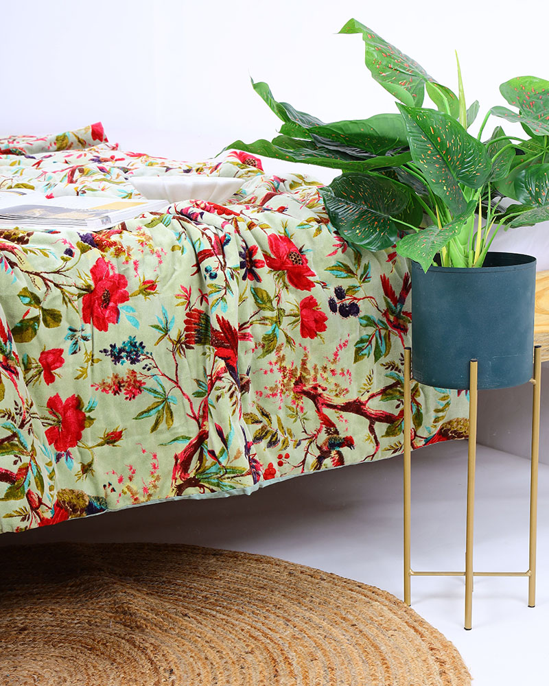 Velvet Frida Kantha Quilt Cotton Patchwork Handamade Floral Comforter Bedspread Blanket Bedcover Indian Multicoloured