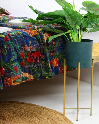 Velvet Frida Kantha Quilt Cotton Patchwork Handamade Floral Comforter Bedspread Blanket Bedcover Indian Blue