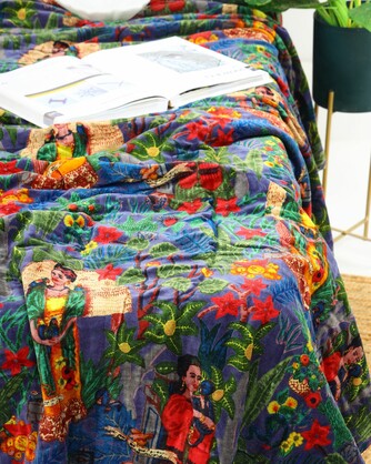Velvet Frida Kantha Quilt Cotton Patchwork Handamade Floral Comforter Bedspread Blanket Bedcover Indian Blue