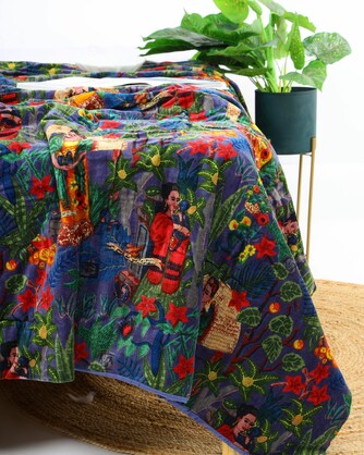 Velvet Frida Kantha Quilt Cotton Patchwork Handamade Floral Comforter Bedspread Blanket Bedcover Indian Blue