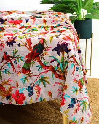 Velvet Frida Kantha Quilt Cotton Patchwork Handamade Floral Comforter Bedspread Blanket Bedcover Indian Pink