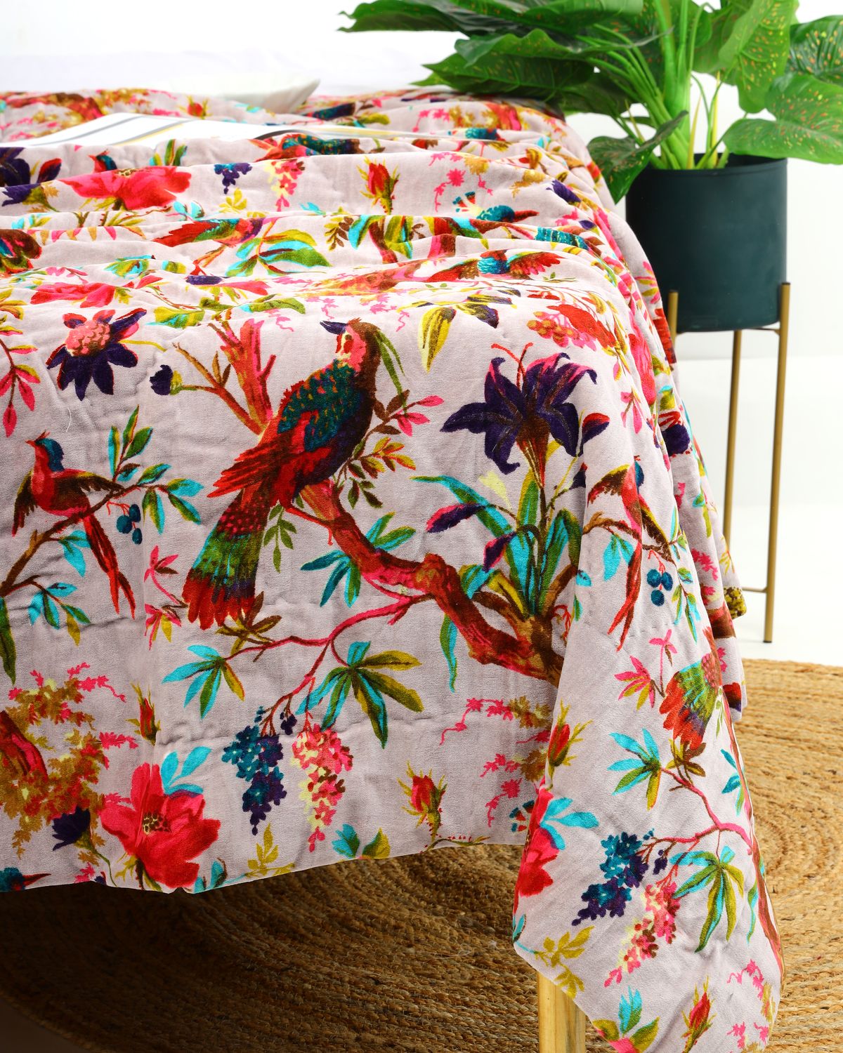 Velvet Frida Kantha Quilt Cotton Patchwork Handamade Floral Comforter Bedspread Blanket Bedcover Indian Pink