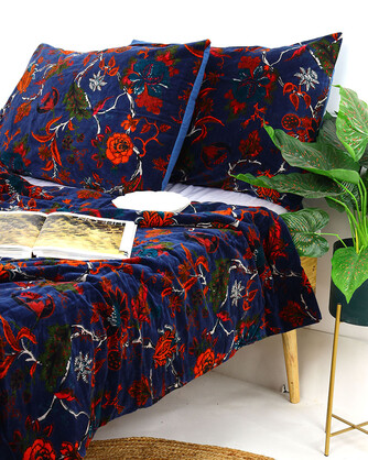 Velvet Frida Kantha Quilt Cotton Patchwork Handamade Floral Bedspread Blanket Bedcover Indian Blue