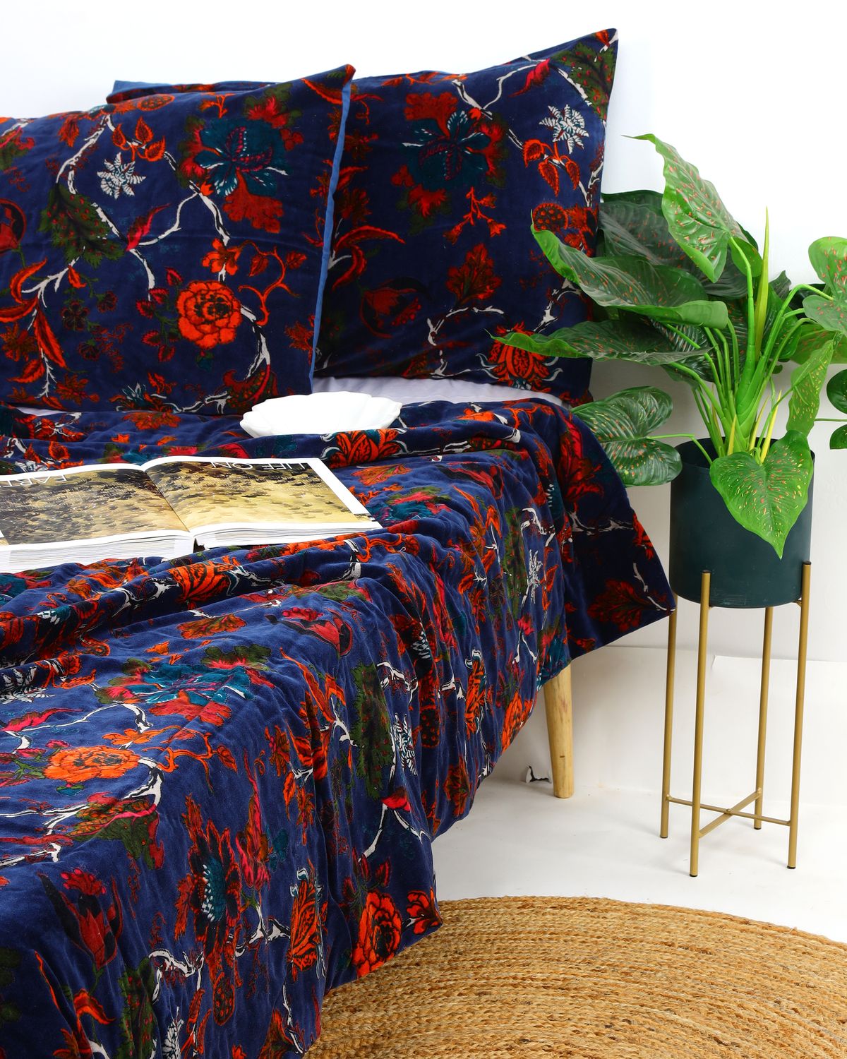 Velvet Frida Kantha Quilt Cotton Patchwork Handamade Floral Bedspread Blanket Bedcover Indian Blue