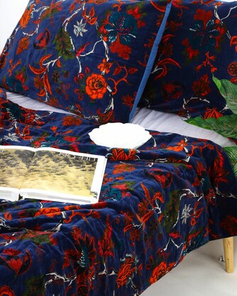 Velvet Frida Kantha Quilt Cotton Patchwork Handamade Floral Bedspread Blanket Bedcover Indian Blue