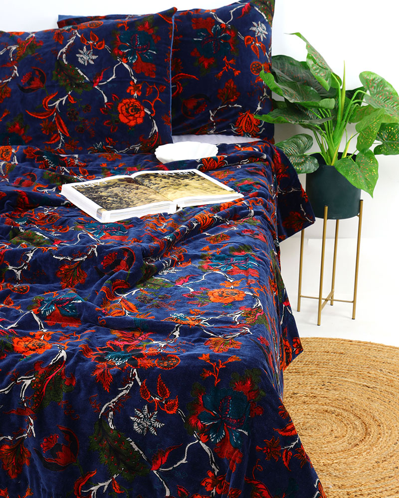 Velvet Frida Kantha Quilt Cotton Patchwork Handamade Floral Bedspread Blanket Bedcover Indian Blue