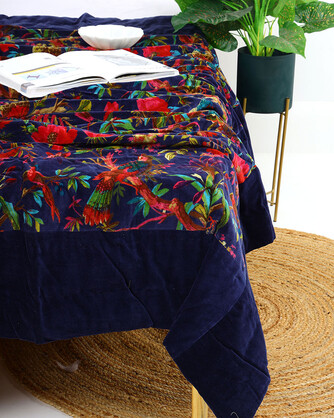 Velvet Frida Kantha Quilt Cotton Patchwork Handamade Comforter Bedspread Blanket Bedcover Indian Blue