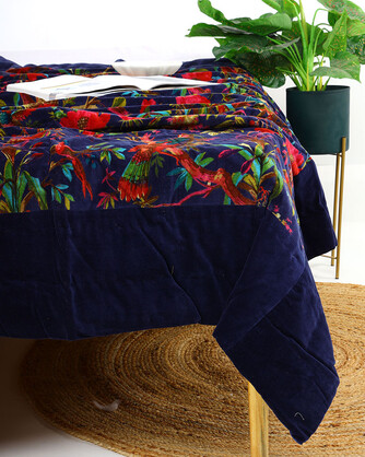 Velvet Frida Kantha Quilt Cotton Patchwork Handamade Comforter Bedspread Blanket Bedcover Indian Blue