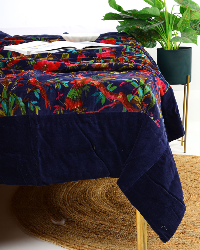 Velvet Frida Kantha Quilt Cotton Patchwork Handamade Comforter Bedspread Blanket Bedcover Indian Blue