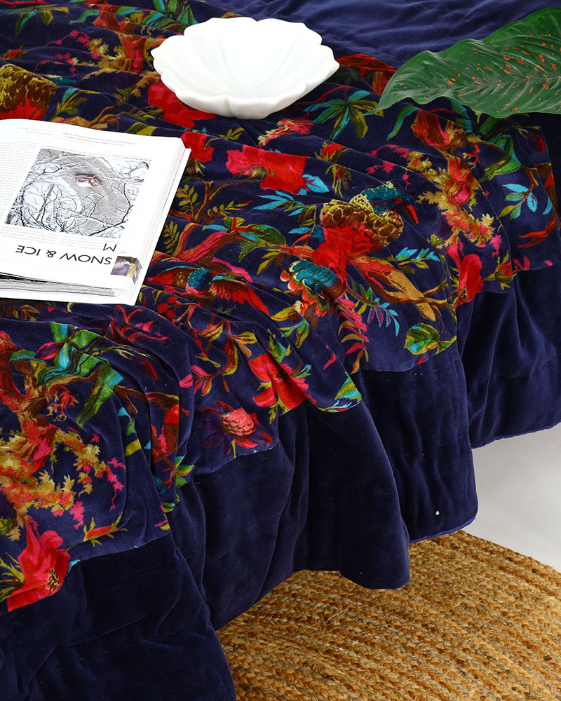 Velvet Frida Kantha Quilt Cotton Patchwork Handamade Comforter Bedspread Blanket Bedcover Indian Blue