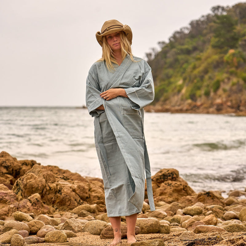 Coastal Calm Waffle Cotton Robe – Sage Blue Serenity