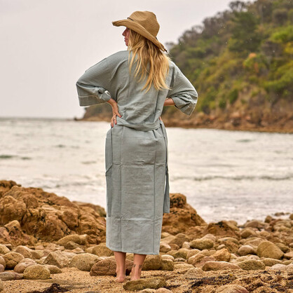 Coastal Calm Waffle Cotton Robe – Sage Blue Serenity