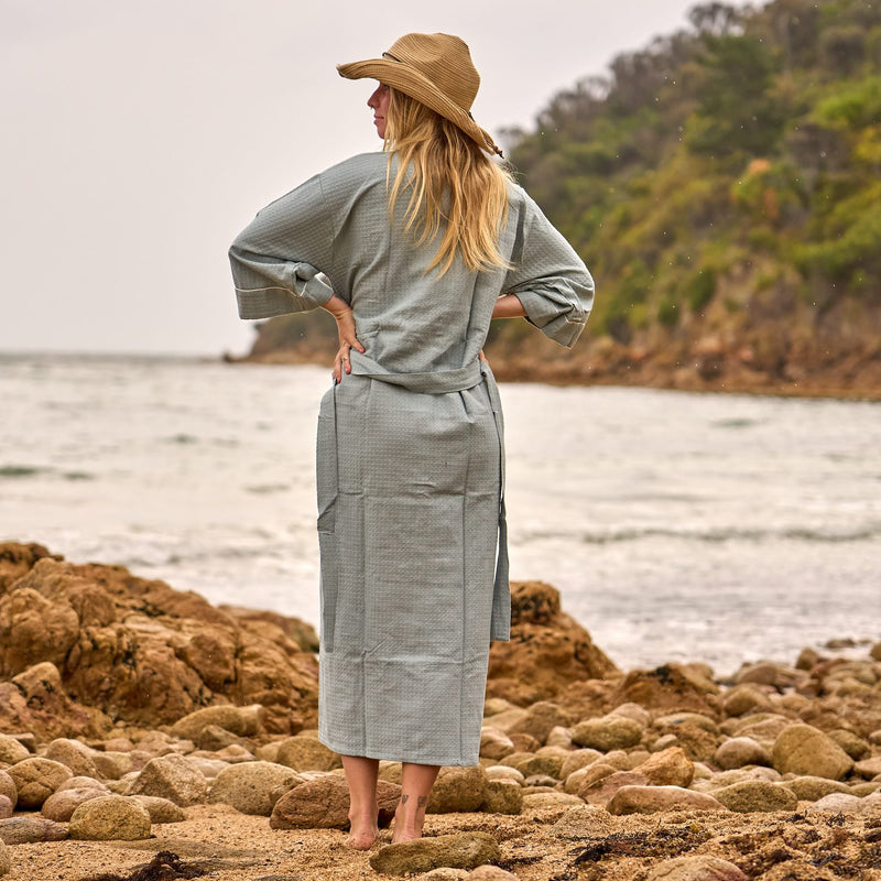 Coastal Calm Waffle Cotton Robe – Sage Blue Serenity